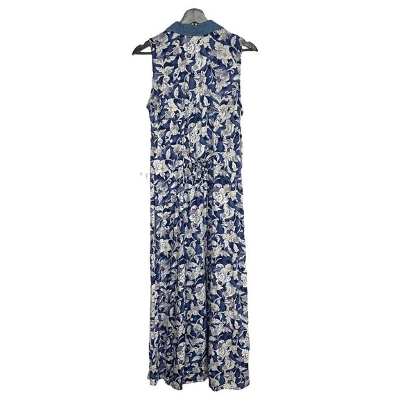 Vintage 90s Blue White Sleeveless Flora Collared Button Up Full Length Dress Lar - Picture 2 of 9
